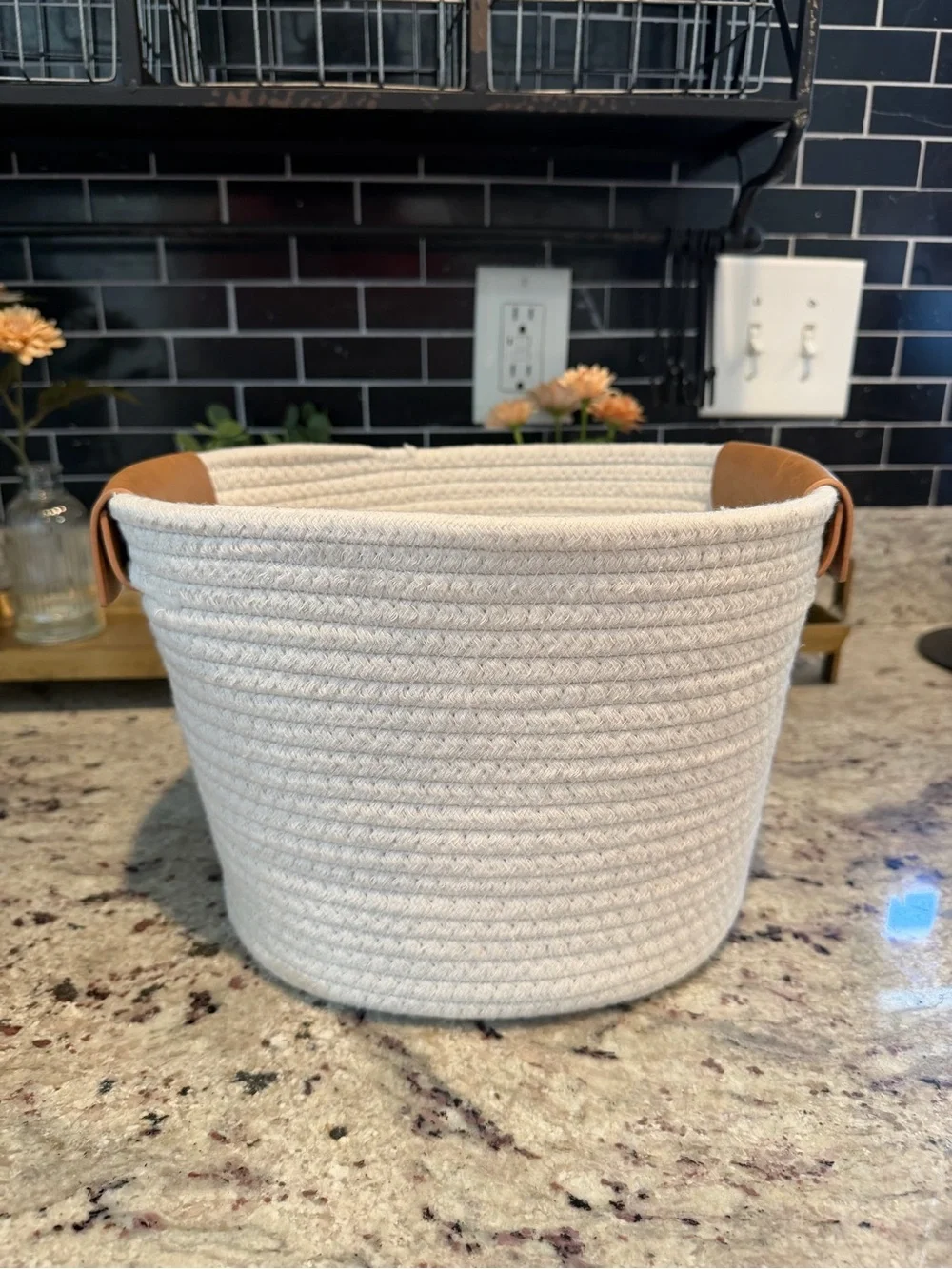 Neutral Woven Rope Storage Basket with Leather Handles - White